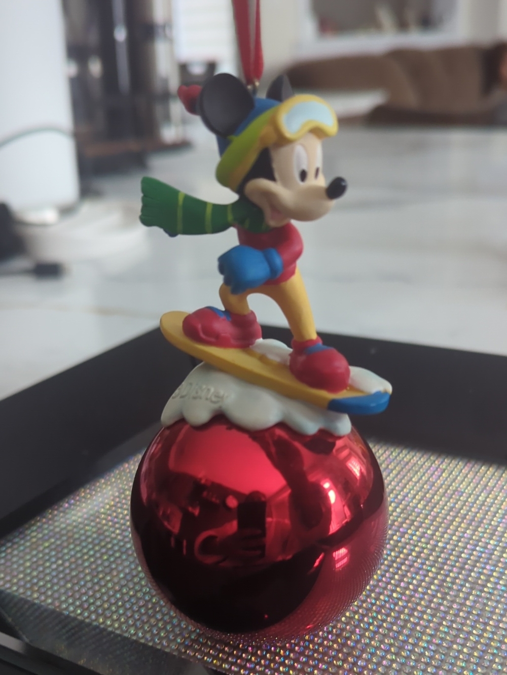 Mickey Mouse Snow Boarding Holiday Christmas Tree Red Ball Ornament